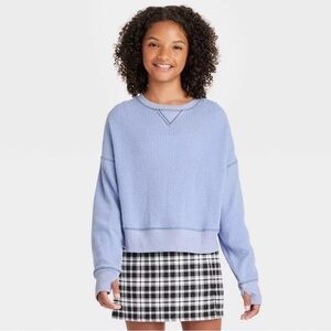 Girls' Oversized Long Sleeve Waffle T-Shirt - art class Light Blue